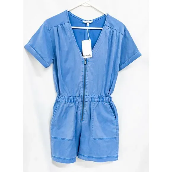 Splendid NWT Azure Blue Emerson Zip Front Casual Short Sleeve Utility Romper XS - Picture 5 of 16